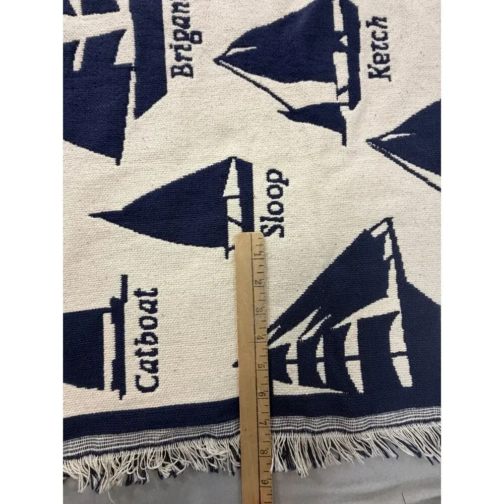Nautical Sailboat Woven Throw Blanket Navy Blue Maritime Sailing Fringe Tapestry